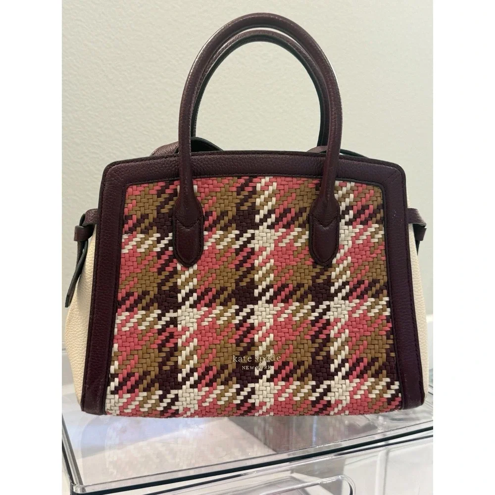 Kate Spade New York Woven Satchel Top Handle Bag Burgundy Cream Gold Hardware